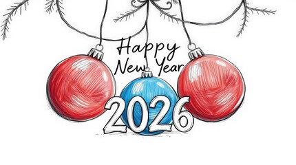 Happy New Year 2026 festive illustration with colorful ornaments