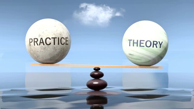 Practice and theory in balance - balancing stones on a scale symbolizing harmony, equity and equilibrium between practice and theory. Harmonious and beneficial situation.