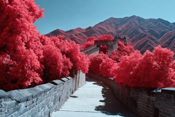 Ancient stone structure winds through vibrant crimson foliage under a clear sky