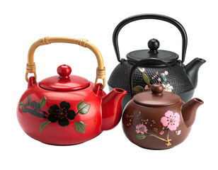 Three ornate teapots, varying colors, with floral designs, isolated