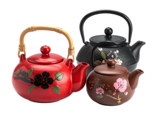 Three ornate teapots, varying colors, with floral designs, isolated