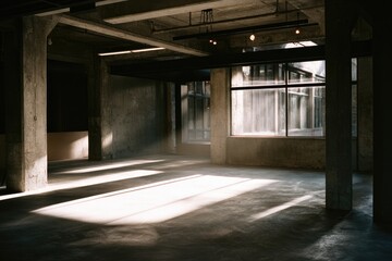 Sunlight streams into an empty industrial space with concrete pillars and floor