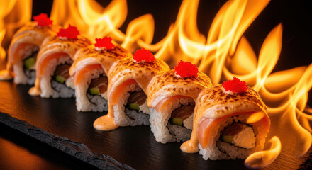 Torched Salmon Sushi Rolls Adorned with Red Tobiko Caviar, Set Against a Dramatic Backdrop of Flickering Flames, Creating a Culinary Spectacle