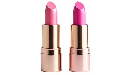 Two pink lipsticks stand upright against a black background