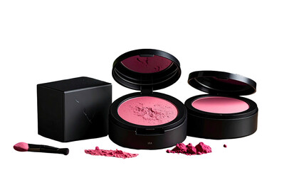 Pink powder cosmetics, with a brush and its packaging, on black