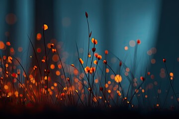 Delicate grass stalks with glowing red tips against a blue, misty background