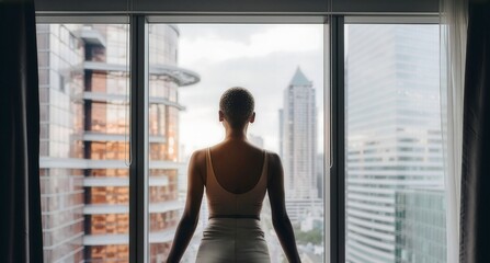 Fototapeta premium Woman Standing by Window Overlooking Modern City Skyline