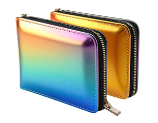Two iridescent zippered wallets, one gradient blue/purple, the other gold