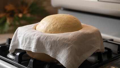 Rising dough in bowl covered with cloth