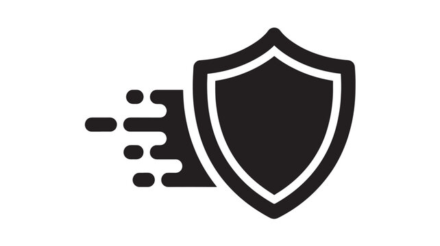 A minimalist depiction of a black shield with a dynamic fragmented streak emanating from its left side suggesting protection