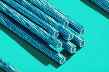 A close-up shot of twisted blue strands of candy on a teal background