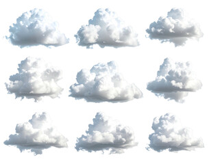 Nine puffy, white clouds, isolated on a stark black background