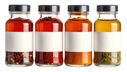 Four glass spice jars with colorful contents and blank labels