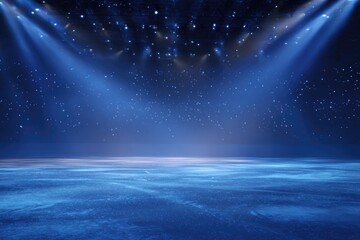 Blue stage with spotlight beams and shimmering particles, stage floor