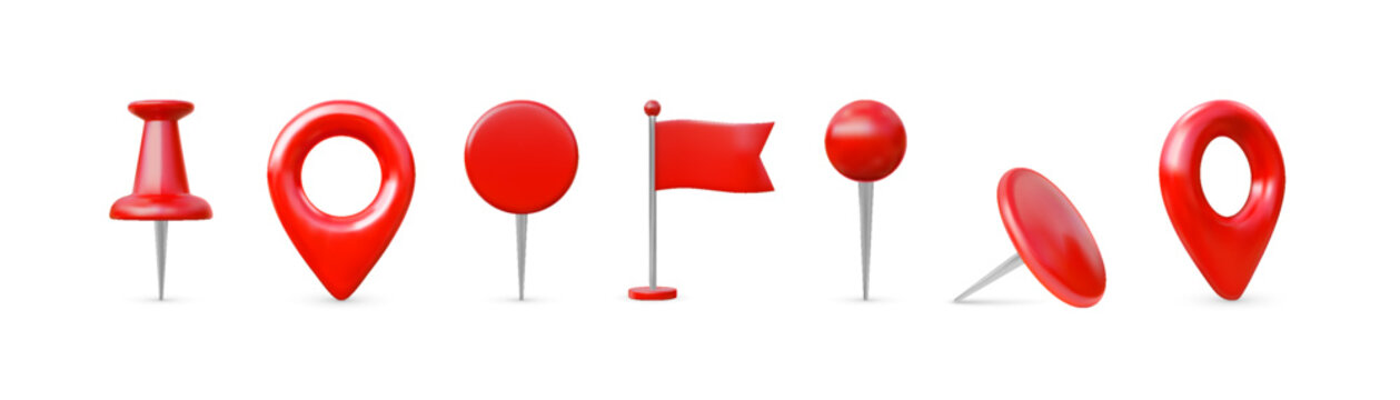 Red geotag different forms 3D vector icons set, realistic map pointer, thumbtack, push pin and flag, GPS location mark