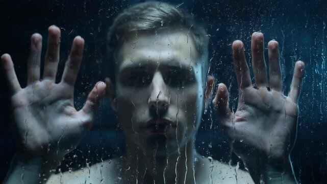 Emotional portrait of man behind glass, conveying feelings of isolation and reflection in dramatic lighting