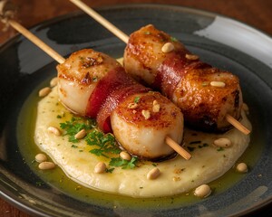 Grilled Scallop Skewers with Prosciutto and Polenta