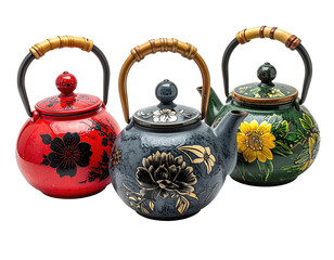 Three ornate teapots with bamboo handles, floral designs, on black