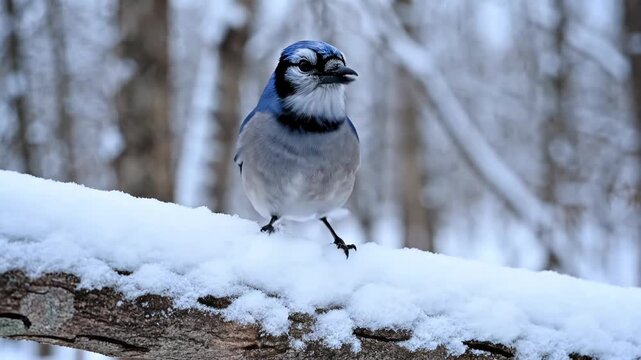 A blue jay perched on a snowy tree branch with snow covered trees in the background in a winter wonderland scene