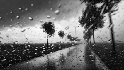 Rainy day on a road lined with trees, with raindrops on the lens