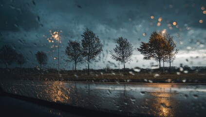 Rain streaks on window reveal moody, illuminated trees at dusk
