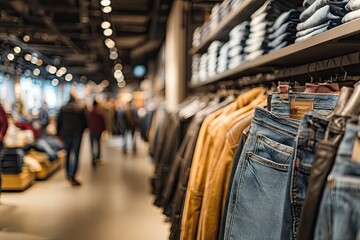 Clothing racks in a department store with shoppers browsing merchandise