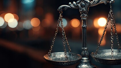 Ornate scales of justice, blurred city lights creating a bokeh effect