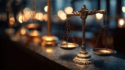 Ornate balance scale on a dark, polished surface with blurred bokeh lights