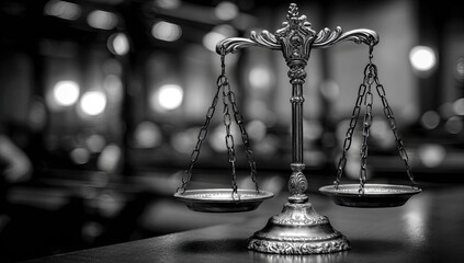 Ornate silver scales of justice balanced on a dark surface