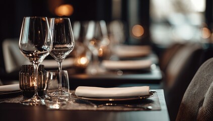 Elegant table setting with wine glasses, plates, and napkins