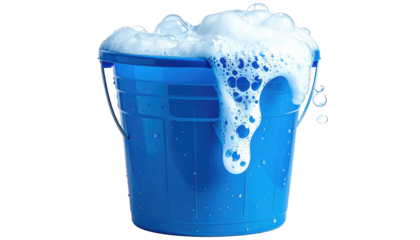 A blue bucket overflowing with frothy white bubbles against black