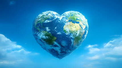 Naklejka premium Earth in the shape of a heart floating in a clear blue sky with clouds around it at midday