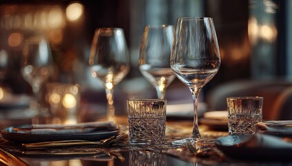 Elegant table setting with gleaming glassware and dim ambient lighting