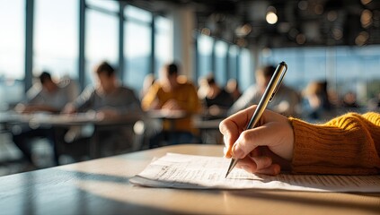 Student taking a test in a bright, sunlit classroom with a close-up on hand