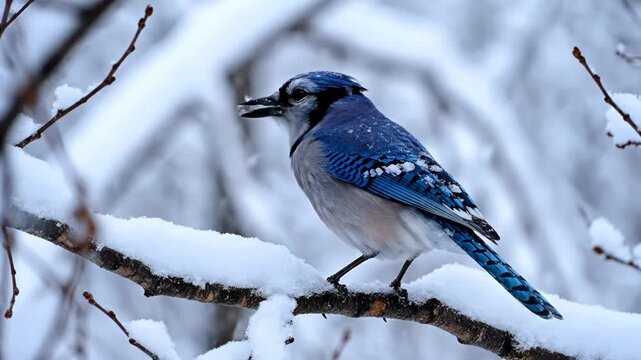 A blue jay perched on a snowy branch in a winter forest landscape with snow covered trees