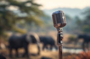 Vintage microphone in foreground, elephants in blurred savanna background
