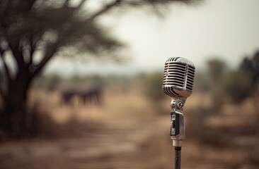 Vintage microphone stands in a dry, open landscape with distant figures