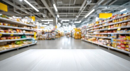Empty aisle in a brightly lit supermarket with shelves stocked with products