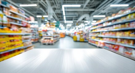 Blurred aisle of a bright retail store with a metallic table in the foreground