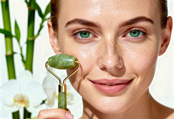 Smiling young woman with freckles and green eyes using a jade roller on her face for a lymphatic drainage massage, featuring natural skincare, bamboo, and orchid flowers in the background