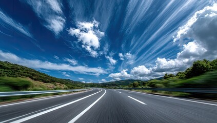 Fast highway stretches through green hills under a dramatic cloudy sky