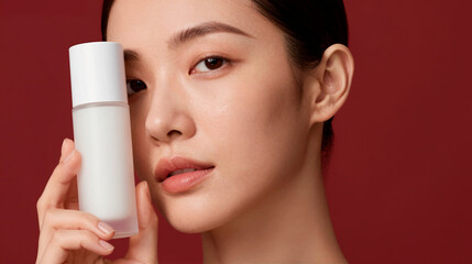Woman holding skincare product bottle for clear skin