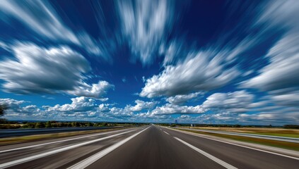 A dramatic, wide-angle view of a highway stretching into the distance under a dynamic sky