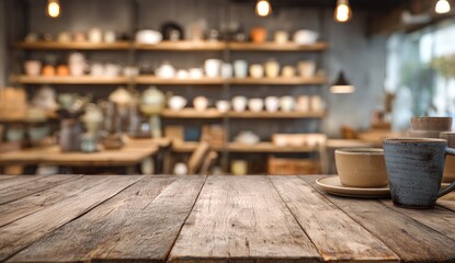 Rustic wooden tabletop in front of a blurred pottery shop with shelves of ceramics