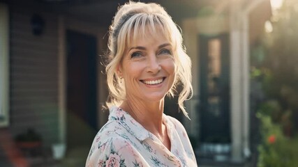 Joyful woman smiling outdoors in sunny garden, perfect for lifestyle and home themes