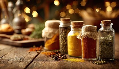 Colorful array of spices in glass jars on a rustic wooden surface
