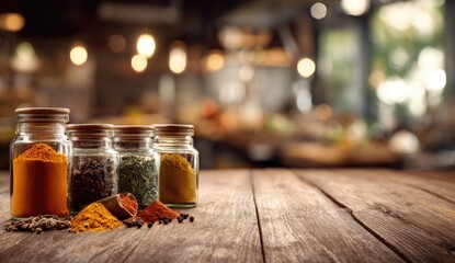 Assortment of colorful spices in glass jars on a wooden surface