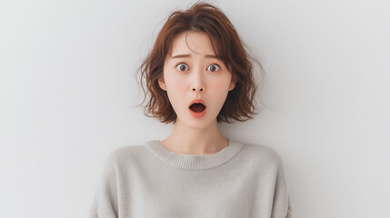 明るい白い背景の前で、日本人の女性が目を目一杯に見開き、口をポカンと開けて驚いている表情を正面から捉えたポートレート