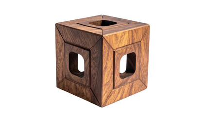 Wooden cube with recessed square cutouts, top square opening. Dark wood grain