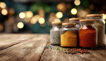 Assortment of colorful spices in glass jars on rustic wooden surface